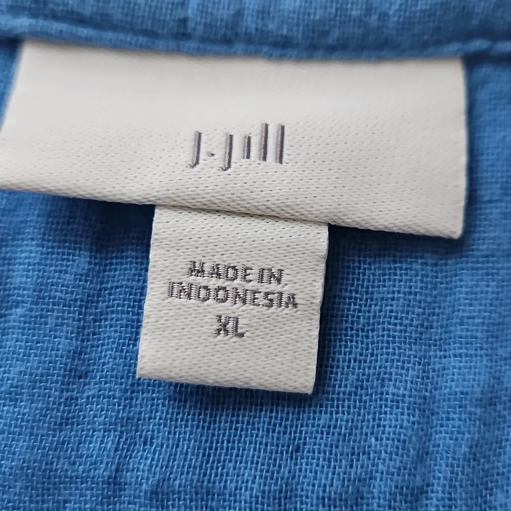 J Jill XL Crinkle Cotton Short Sleeve Midi Dress Blue 1/2button Up Ruffle Tiers - Picture 4 of 7